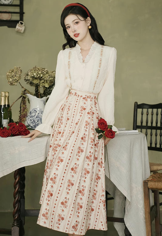 Rose Wallpaper Blouse & Skirt Set (Cream/Red)