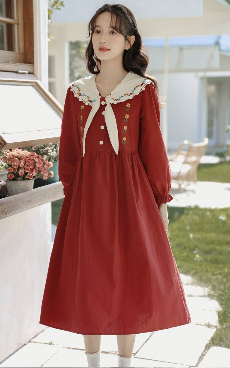 Floral Embroidered Sailor Midi Dress (Red)