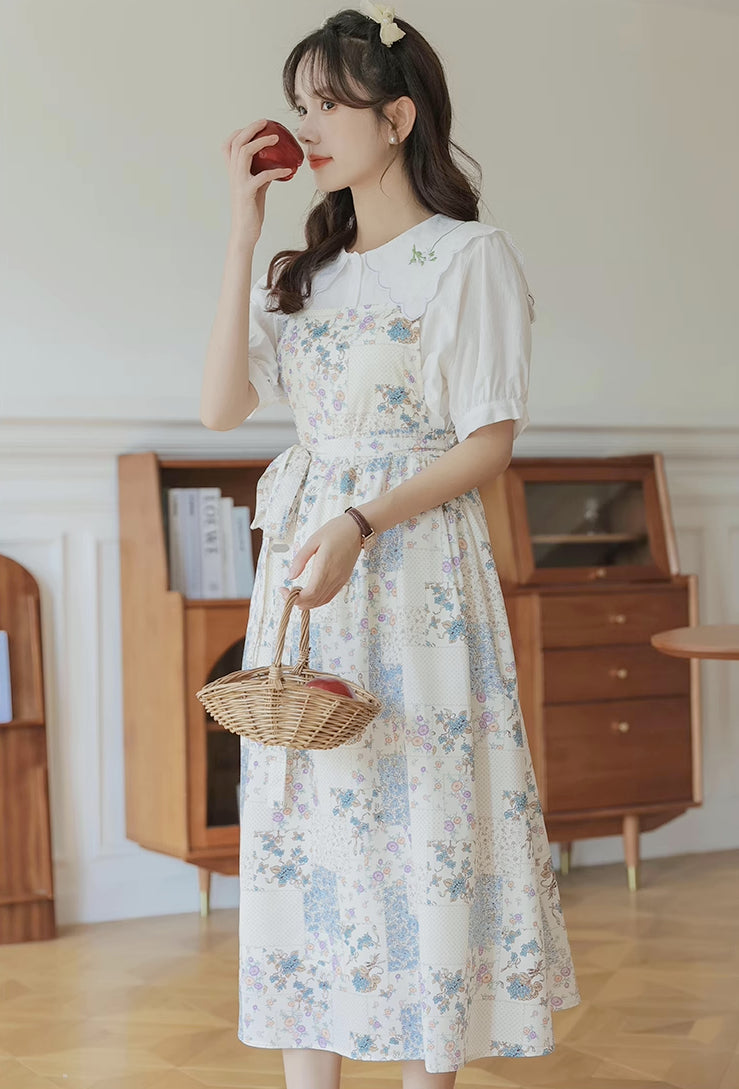 Ditsy Floral Patchwork Apron Dress (White)