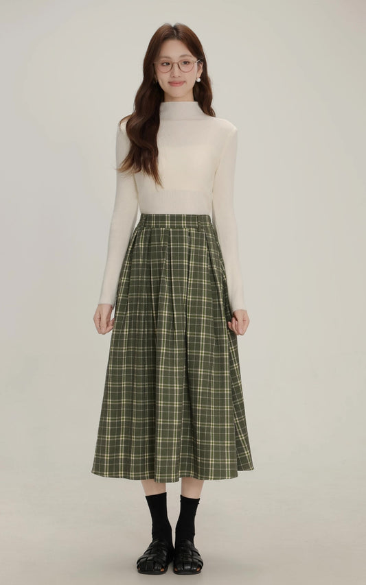 Evergreen Plaid Midi Skirt (Green)