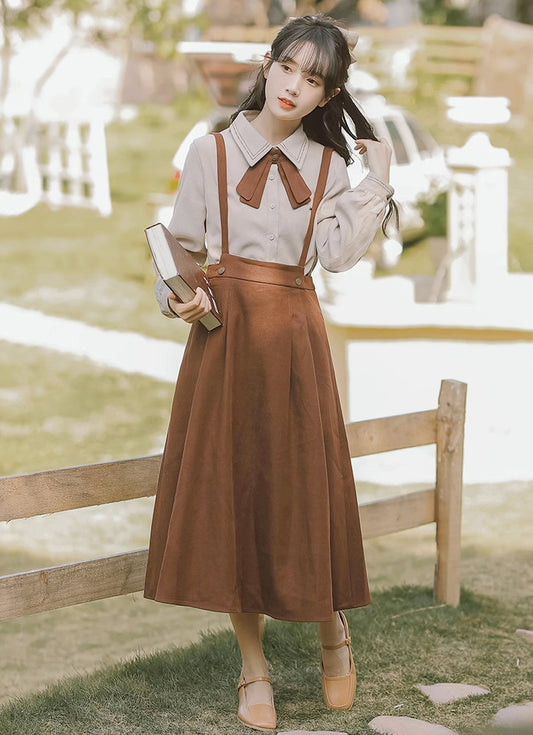 Corduroy Suede Suspender Skirt / Blouse (Brown)