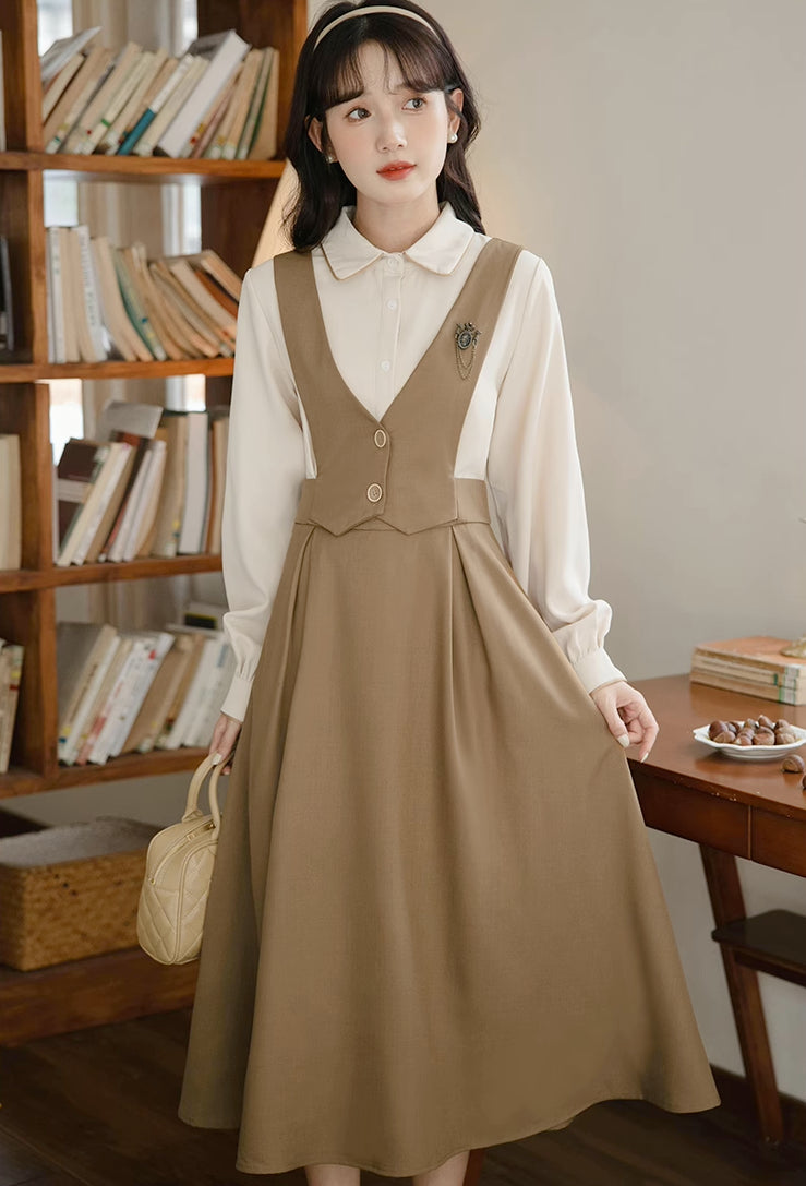 Basic Woven Vest Pinafore Dress / Blouse (2 Colors)