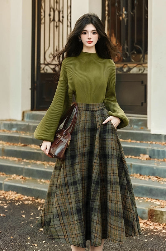 Willow Plaid Sweater & Skirt Set (Green)