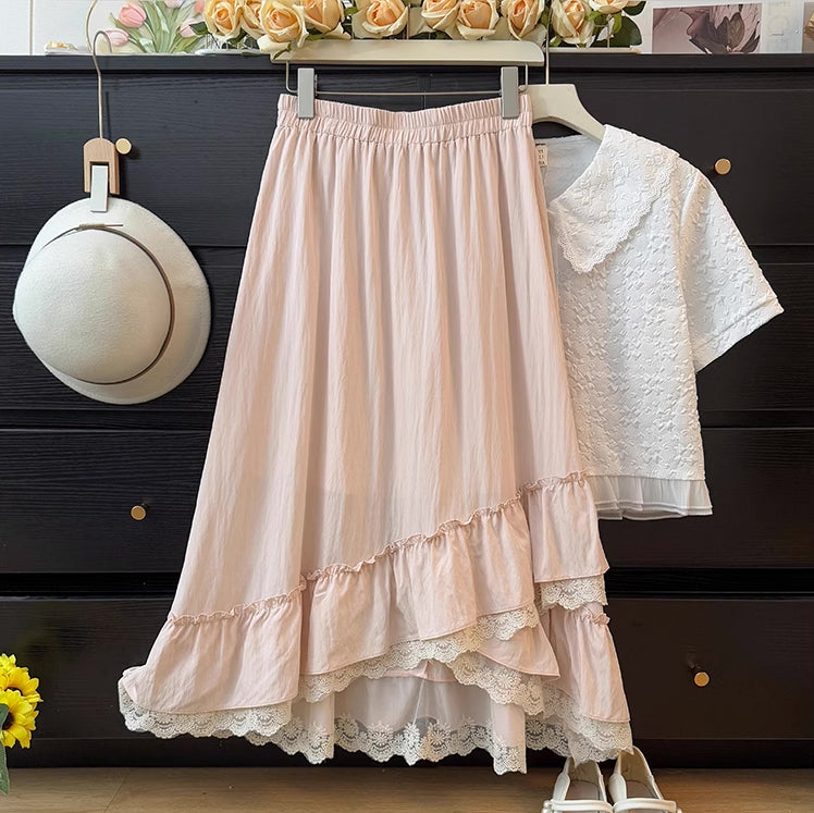 Asymmetrical Lace Hem Midi Skirt (5 Colors)