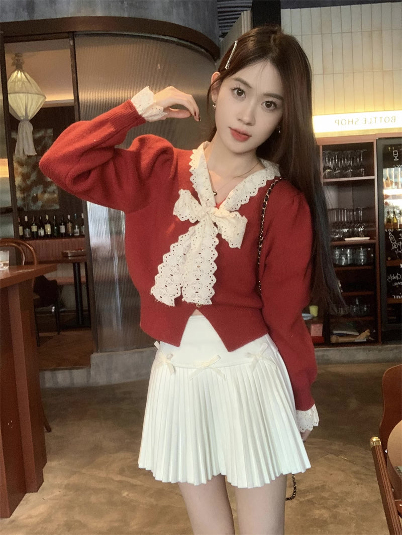 Heart Button Lace Trim Cardigan (3 Colors)