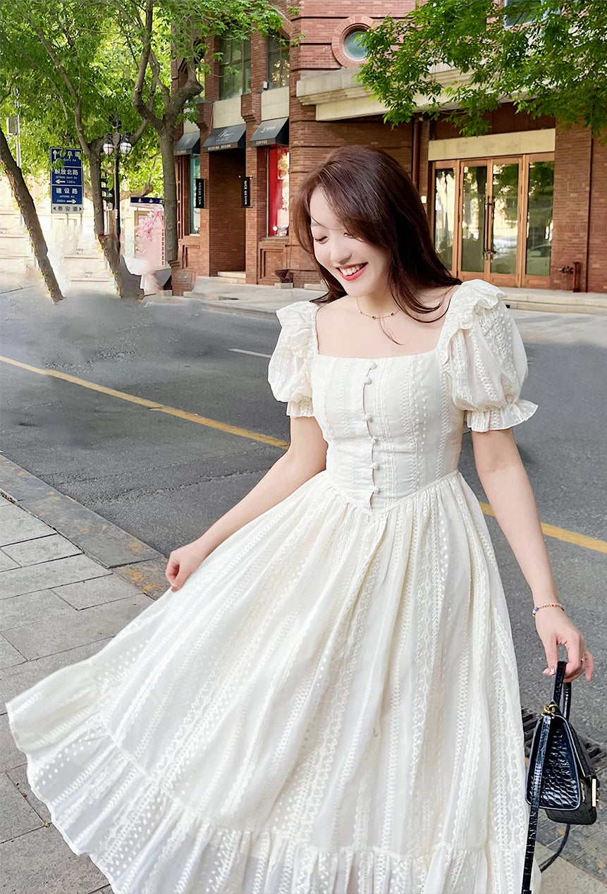 Lace Broderie Midi Dress (Cream)