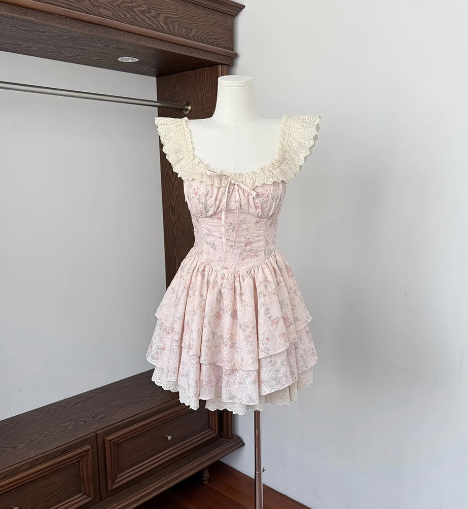 Floral Broderie Flutter Sleeve Mini Dress (Pink)