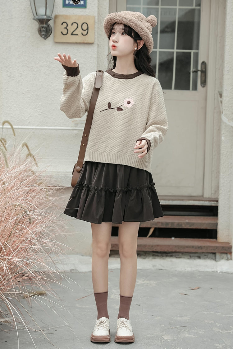 Waffle Knit Flower Sweater (2 Colors)