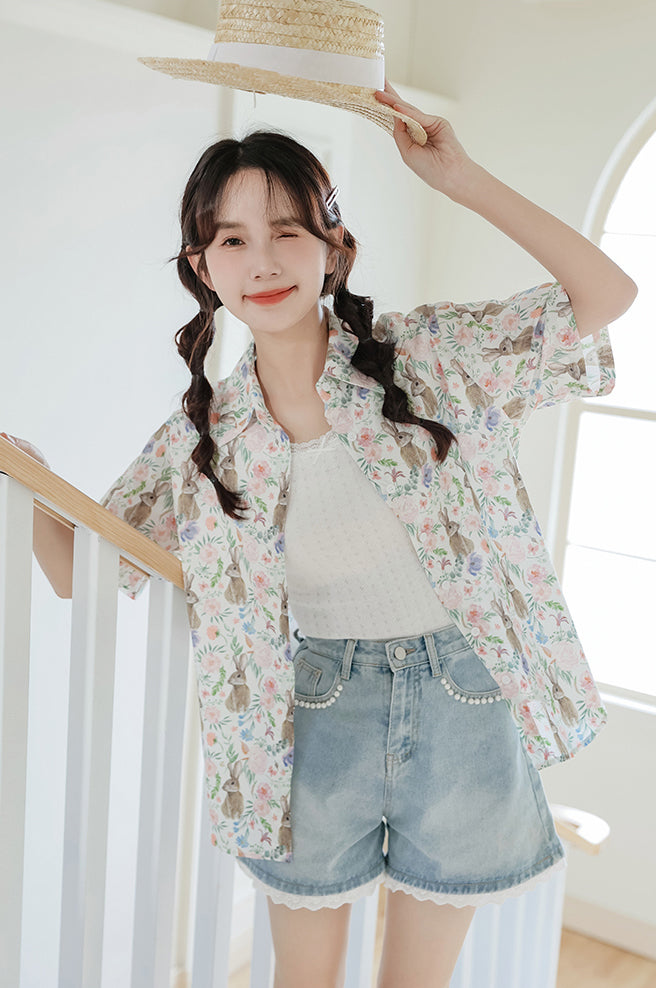 Rabbit Garden Button Up Shirt (White)