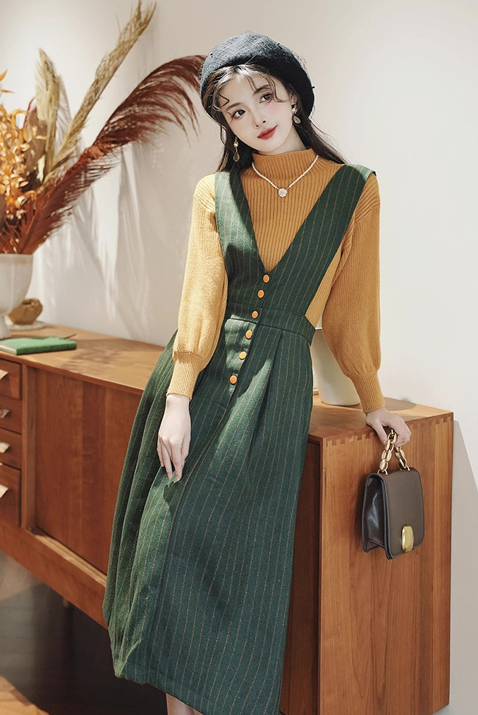 Gingko Stripe Pinafore & Sweater Set (Mustard/Green)