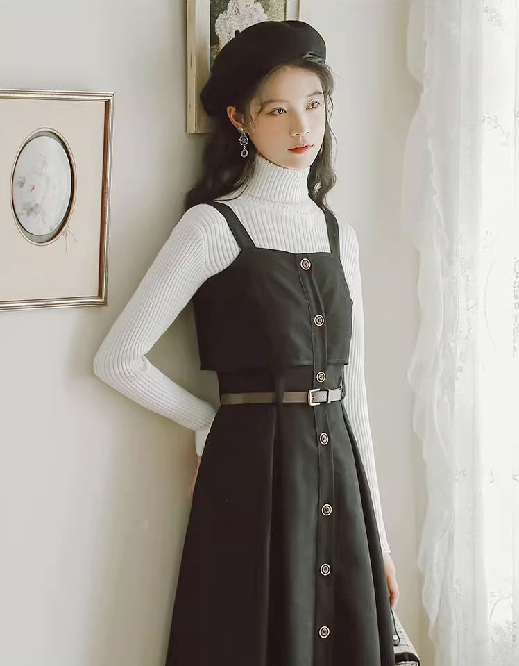 Suede Button Up Cami Pinafore Dress (4 Colors)