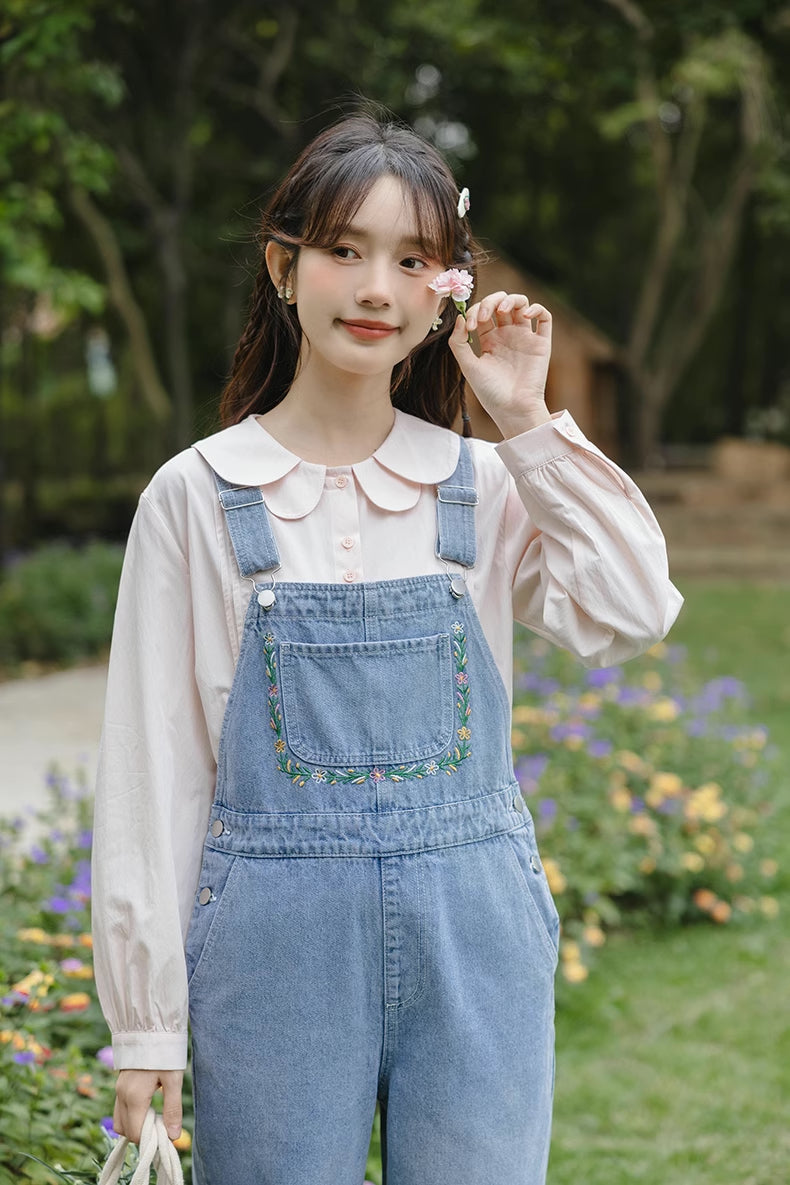 Retro Floral Embroidered Denim Overalls (Medium Blue)