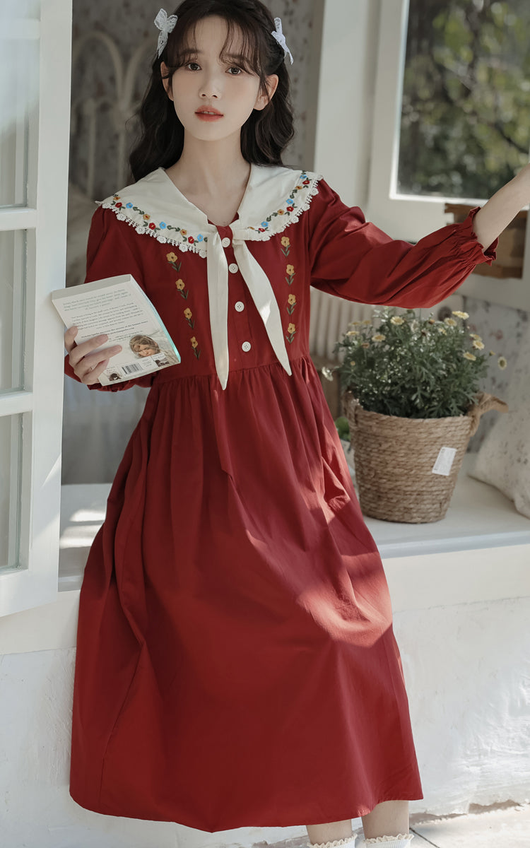 Floral Embroidered Sailor Midi Dress (Red)