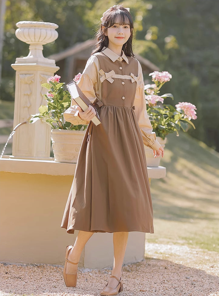 Cocoa Bows Twofer Midi Dress (Brown)