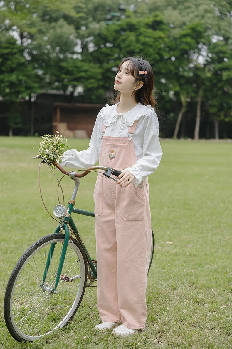 Flower Bouquet Embroidered Overalls (Pink)