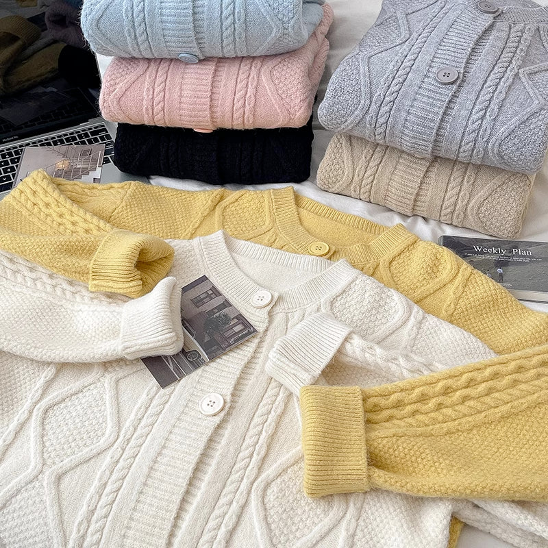 Cable Knit Round Neck Cardigan (7 Colors)