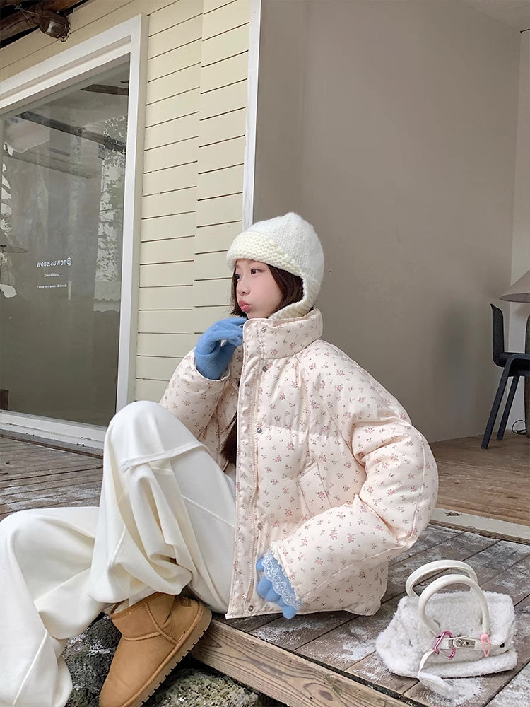 Ditsy Floral Puffer Jacket (Cream/Pink)