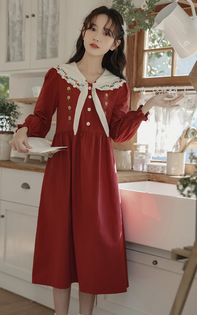 Floral Embroidered Sailor Midi Dress (Red)
