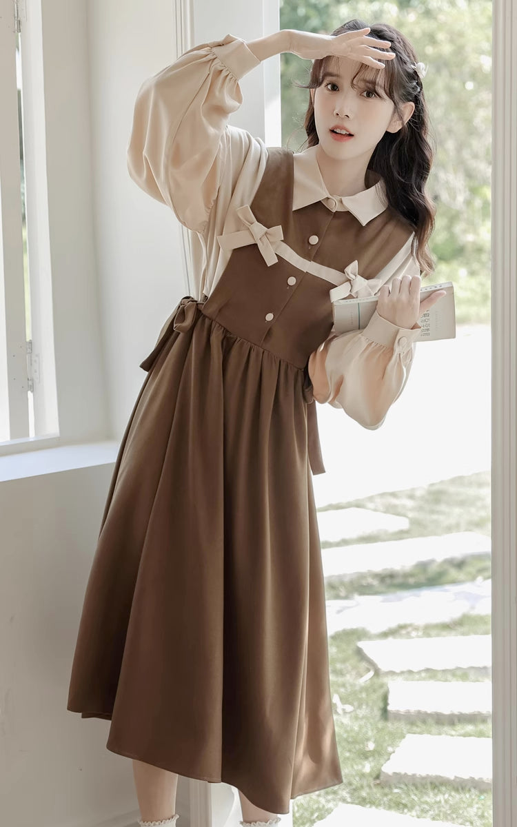 Cocoa Bows Twofer Midi Dress (Brown)