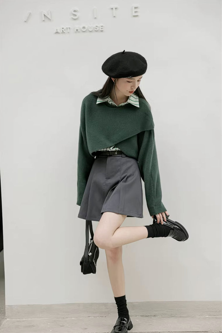 Criss Cross Cropped Throwover Sweater (Green)