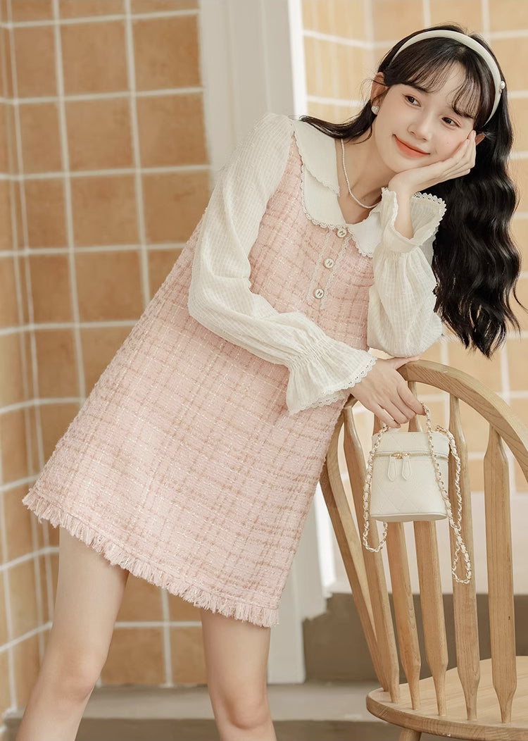 Tweed Plaid Mini Shift Dress (Pink)