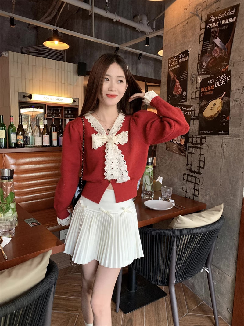 Heart Button Lace Trim Cardigan (3 Colors)
