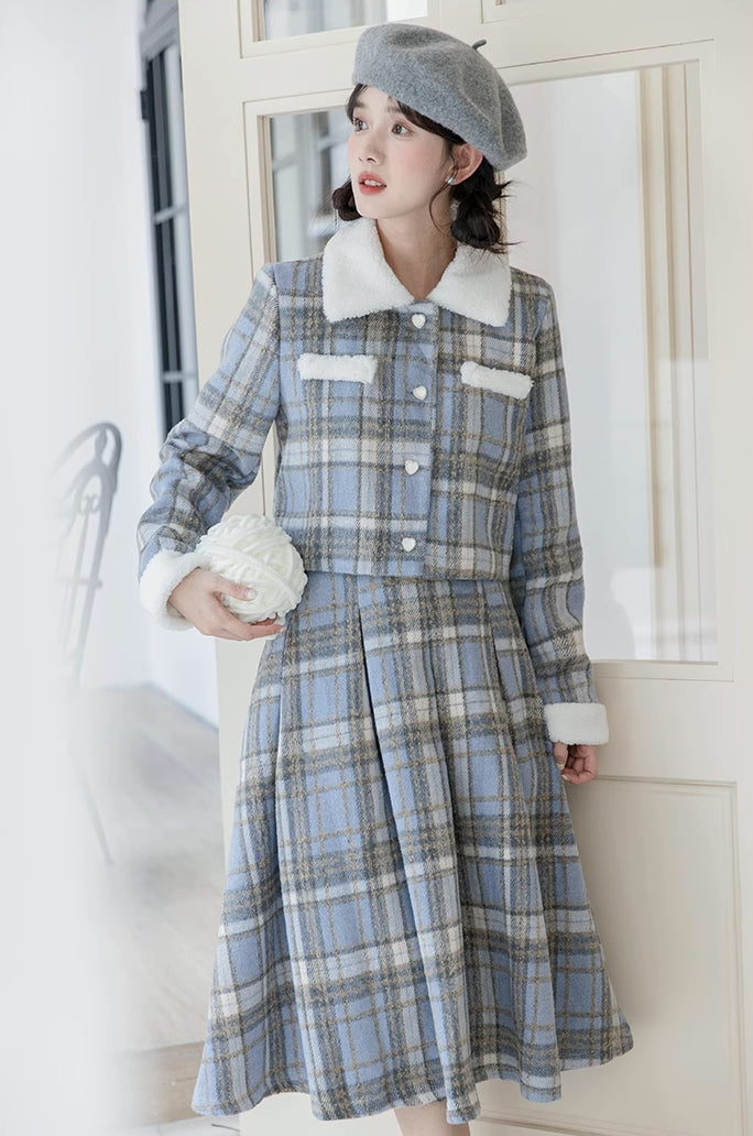 Elsa Plaid Tweed Midi Set (Blue)