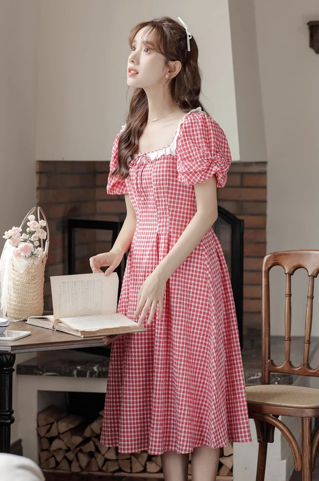 Plaid Puff Sleeve Midi Dress (Red)