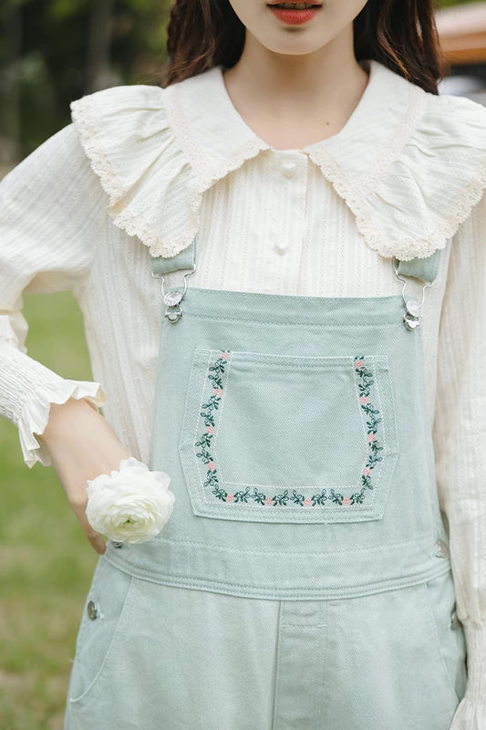 Flower Vines Embroidered Overalls (Green)