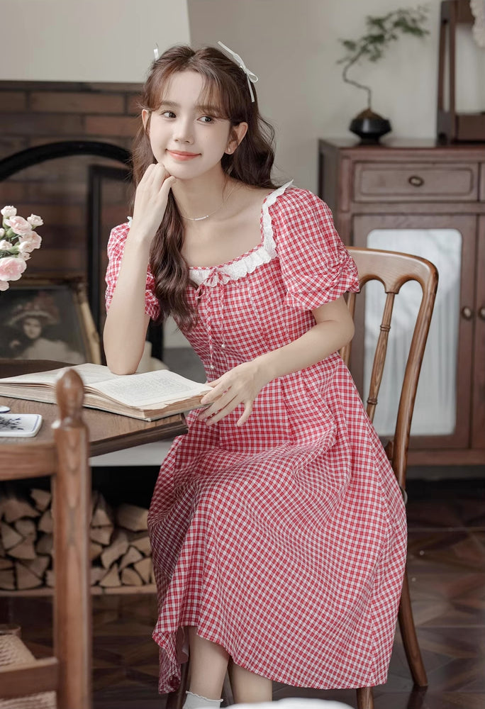 Plaid Puff Sleeve Midi Dress (Red)