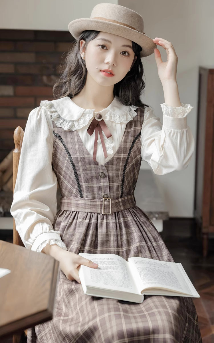 Mocca Plaid Midi Dress (Brown)