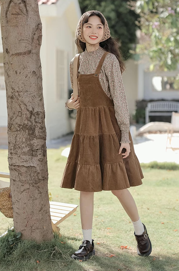 Tiered Corduroy Pinafore Dress & Blouse (Brown)