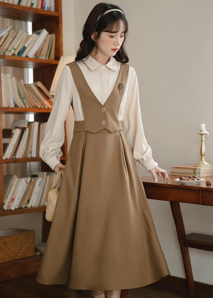 Basic Woven Vest Pinafore Dress / Blouse (2 Colors)
