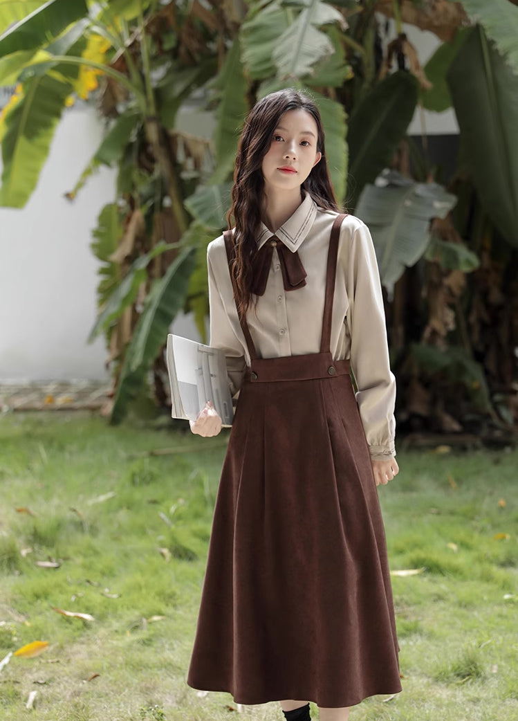 Corduroy Suede Suspender Skirt / Blouse (Brown)