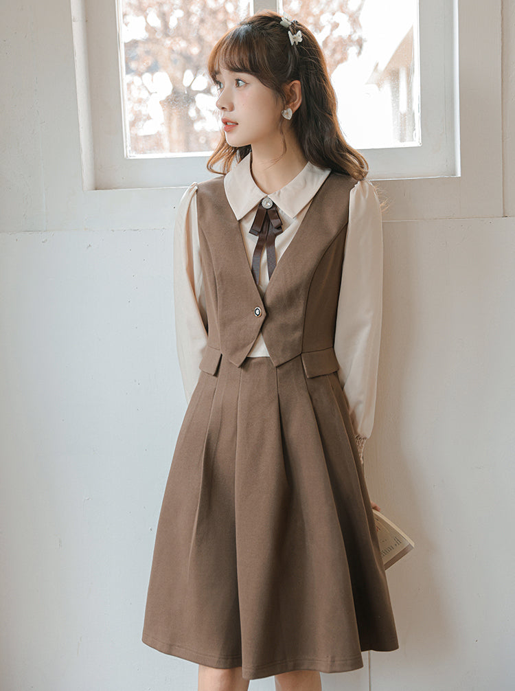 Journalist Waist Coat Dress (Brown)