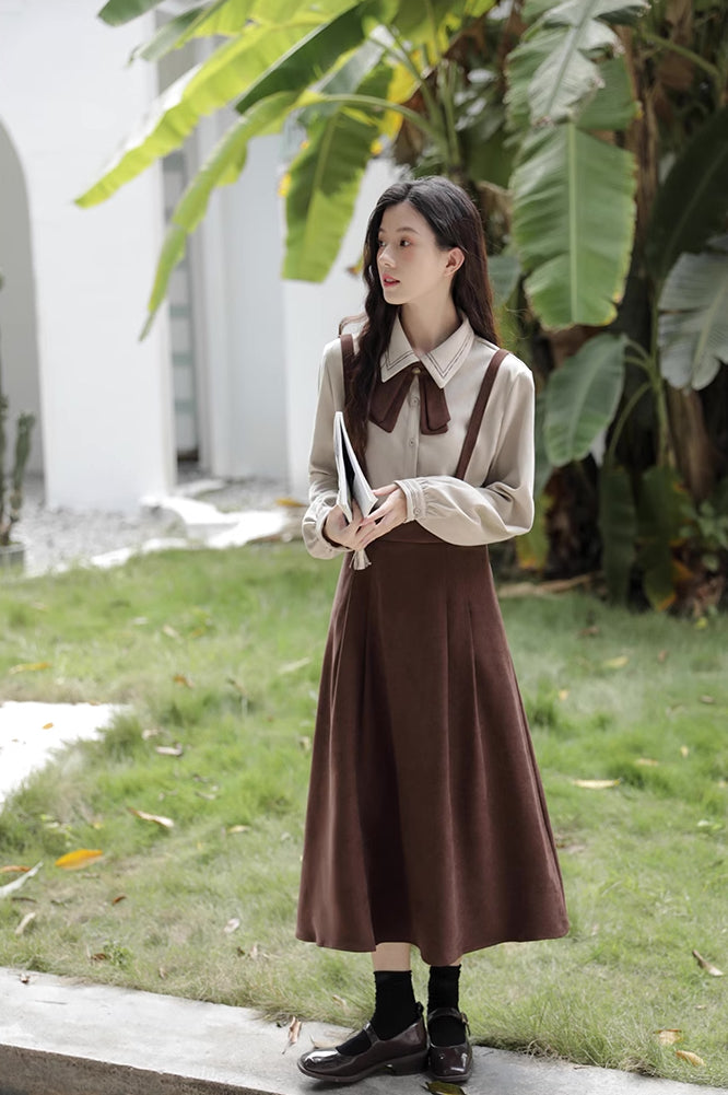 Corduroy Suede Suspender Skirt / Blouse (Brown)