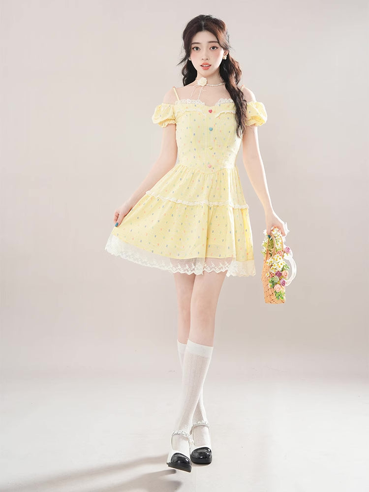 Gumdrop Gingham Cold Shoulder Mini Dress (Yellow)