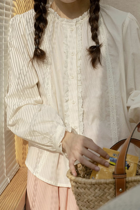 Ruffle Broderie Trim Blouse (White)