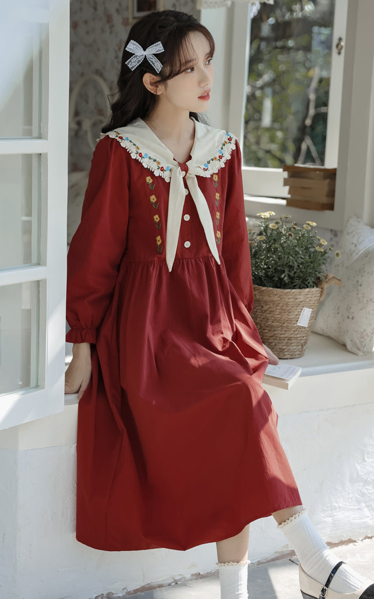 Floral Embroidered Sailor Midi Dress (Red)