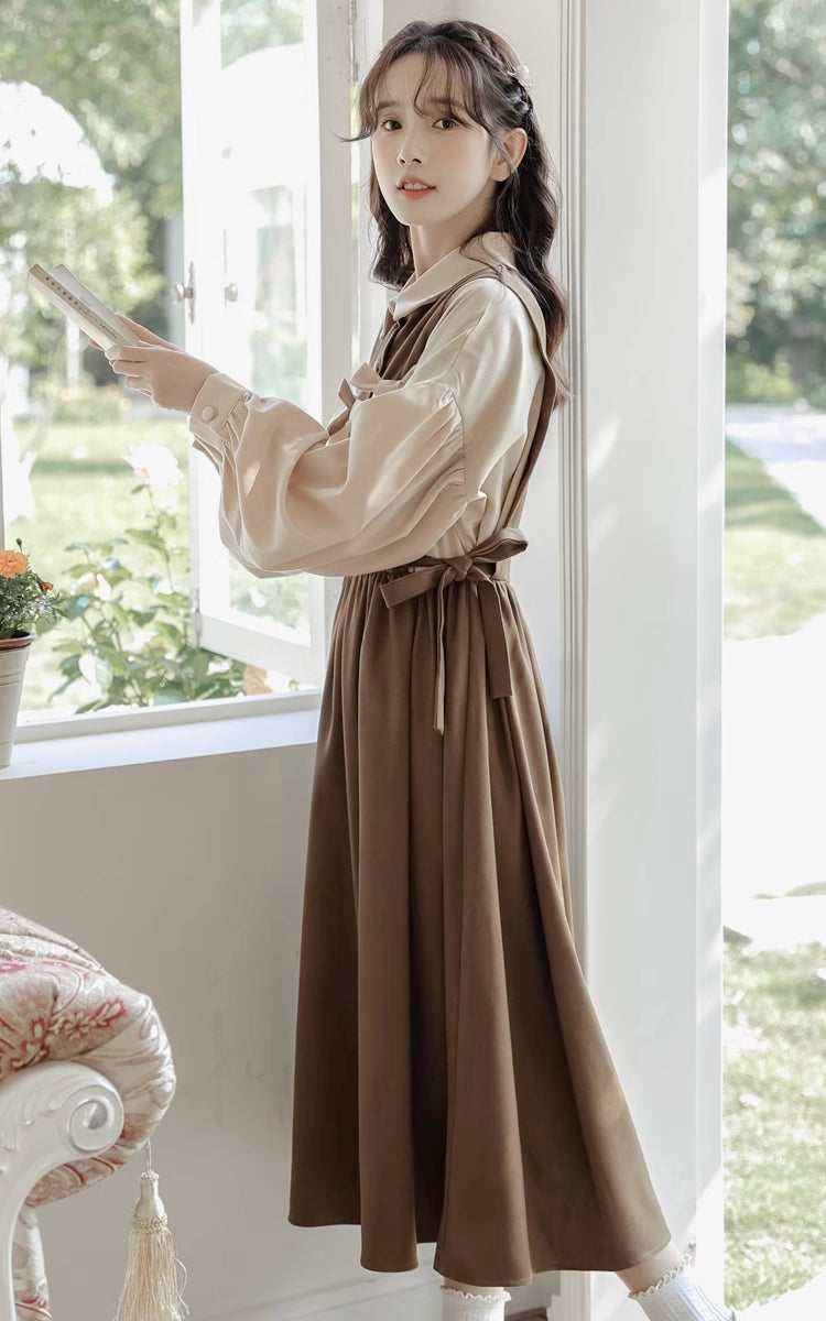 Cocoa Bows Twofer Midi Dress (Brown)