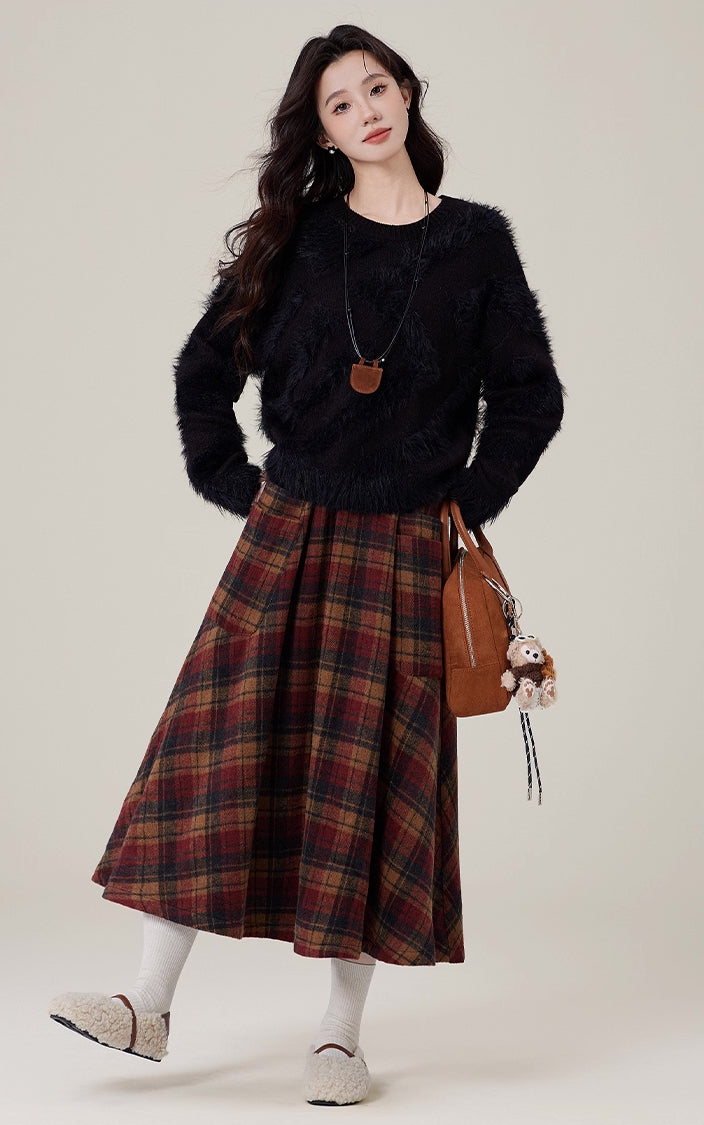 Bookshop Plaid Midi Skirt (Red/Khaki)