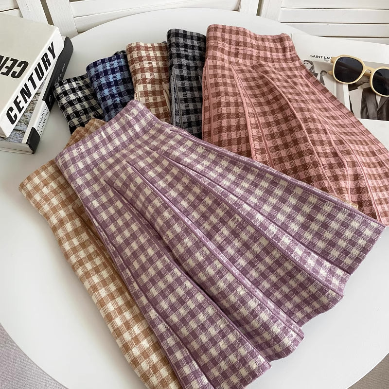 Gingham Knit Pleated Skirt (7 Colors)