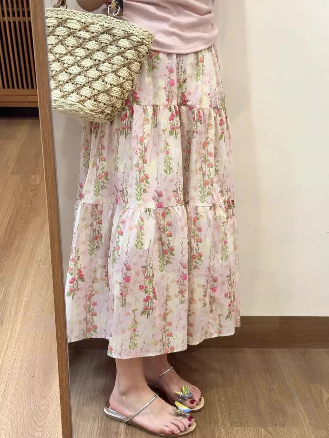 Flower Vines Midi Skirt (Pink)