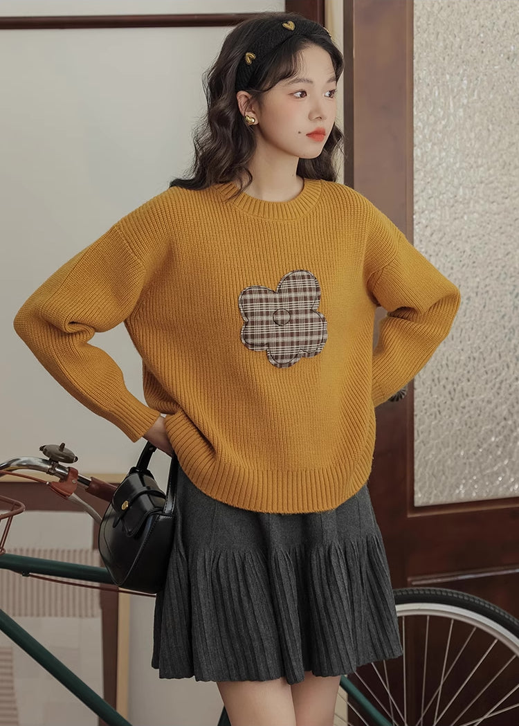 Plaid Flower Sweater (Mustard)