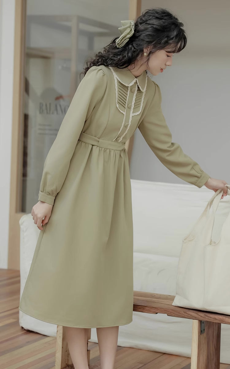Sunday Tea Long Sleeve Midi Dress (Olive)