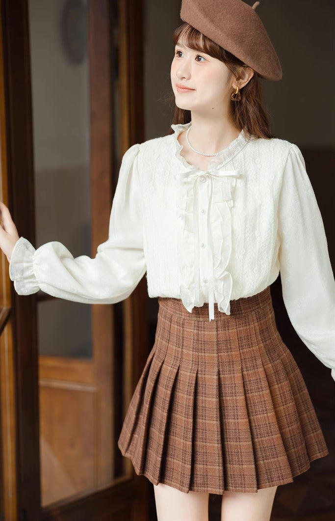 Ruffle Trim Tie Neck Blouse (Cream)