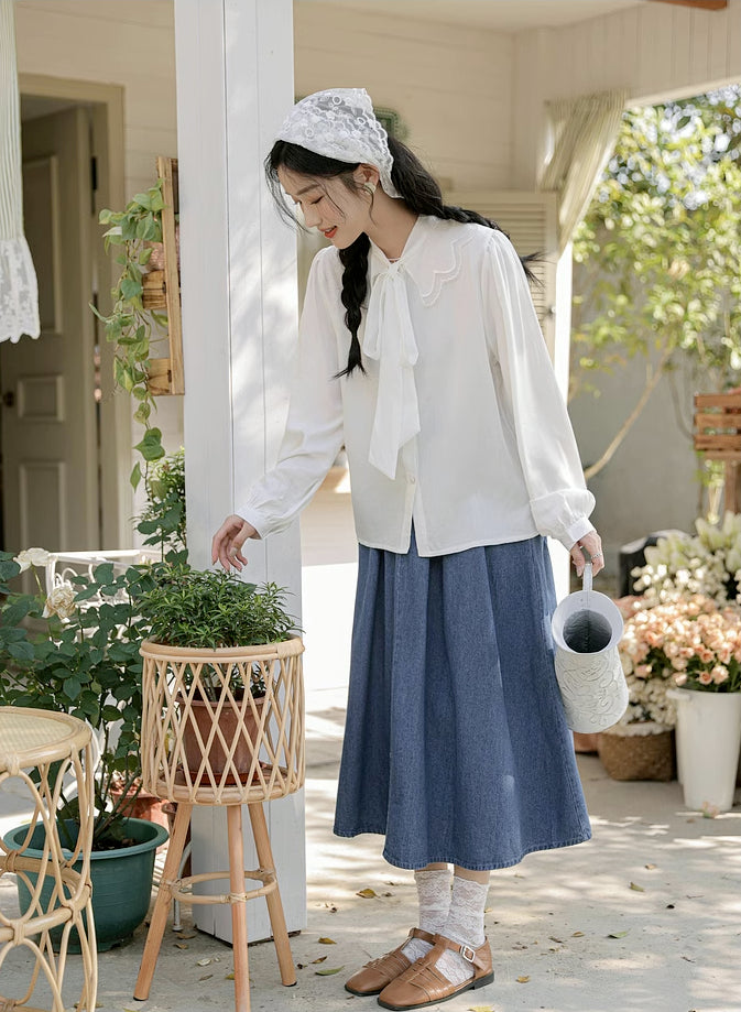 Pleated Denim Midi Skirt (3 Colors)