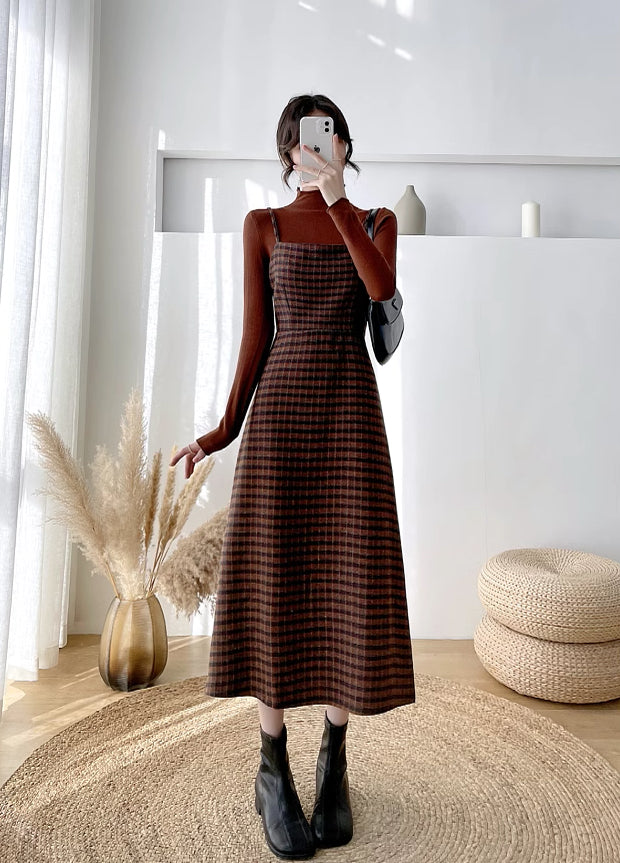 Cardamom Plaid Cami Midi Dress (2 Colors) Brown / S Cardamom Plaid Cami Midi Dress (2 Colors) Brown / S
