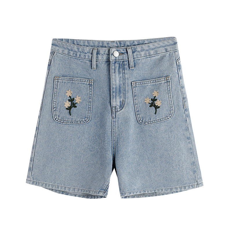 Posy Pockets Embroidered Shorts (Light Denim)