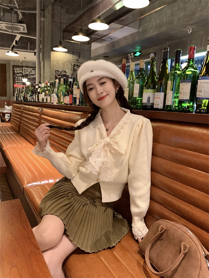 Heart Button Lace Trim Cardigan (3 Colors)